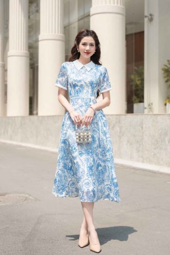 House Dress_Flower Belt with Short hands Patterned dress_LA8.19_Lamia Design Brand_ชุดเดรสแขนม้วนพร้อมเข็มขัดลายดอกไม้