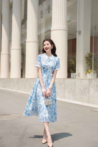 House Dress_Flower Belt with Short hands Patterned dress_LA8.19_Lamia Design Brand_ชุดเดรสแขนม้วนพร้อมเข็มขัดลายดอกไม้