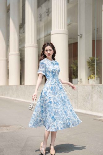 House Dress_Flower Belt with Short hands Patterned dress_LA8.19_Lamia Design Brand_ชุดเดรสแขนม้วนพร้อมเข็มขัดลายดอกไม้