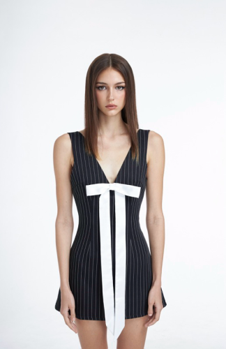 Jolie Striped Mini Dress With Long Bow_DE29.19_DEPASS Brand_Jolie เดรสยาวลายทางมีโบว์