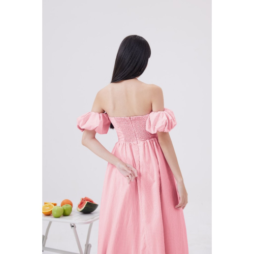 Off the Shoulder Puff Sleeve Wenia Dress_SE6.2_Secodee Brand_ ชุดเดรสแขนพัฟไหล่ผ้าฟองน้ำฤดูร้อนพร้อมลายตารางหมากรุก WENIA DRESS