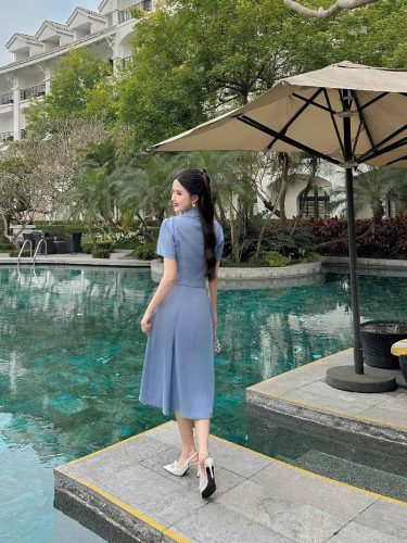 House Dress_ Pleated Skirt With Short-sleeved shirt _LA8.16_Lamia Design Brand_ชุดเสื้อเชิ้ตแขนม้วนพร้อมกระโปรงจับจีบขนาดใหญ่