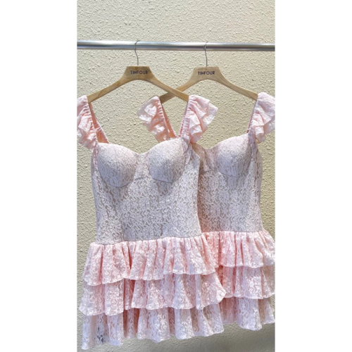 Laceci Tiered Mini Dress_D481_TinFour Clothing Brand_เดรสลูกไม้3ชั้น เดรสดีไซน์ลูกไม้ Laceci Dress