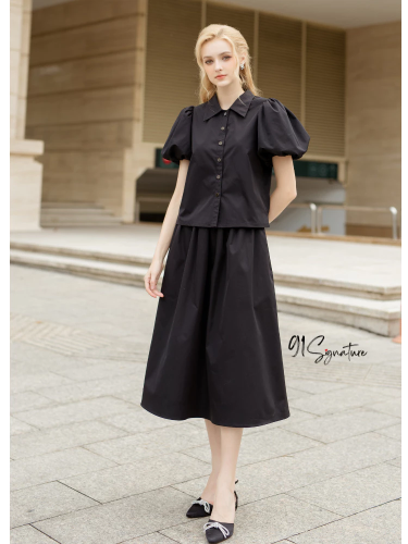 ONYX SET_Puff Sleeve Top+A Line Skirt SI19.5_91 Signature Brand_SET เดรสสีดำคลาสสิคแขนพองหรูหรา- ONYX SET