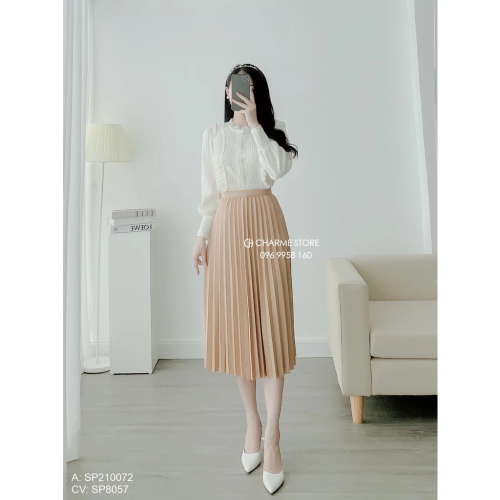 Freesize Long Pleated Skirt_8057_Charme Brand_กระโปรงผู้หญิงจับจีบตัวยาวขนาดฟรีไซส์