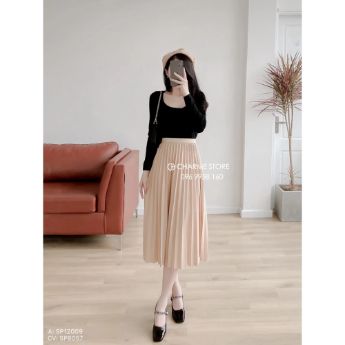 Freesize Long Pleated Skirt_8057_Charme Brand_กระโปรงผู้หญิงจับจีบตัวยาวขนาดฟรีไซส์