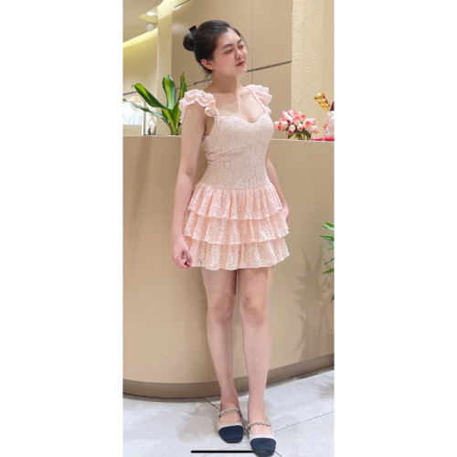 Laceci Tiered Mini Dress_D481_TinFour Clothing Brand_เดรสลูกไม้3ชั้น เดรสดีไซน์ลูกไม้ Laceci Dress