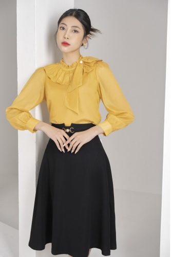 Ruffle Bow Peter Pan Collar Top Shirt_SMK1191_HY Design Brand_เสื้อเชิ้ตคอปกจับจีบลายโบว์