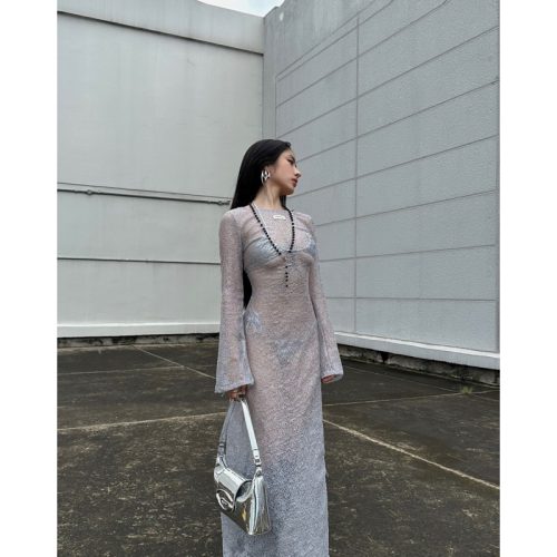 Mesh Maxi Dress_TH193.14_Thestan Brand_เดรสยาวผ้าตาข่ายสีเทา/ชมพู Mesh Maxi Dress- STANCLUB