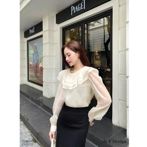 Ruffle Shirt_SMK049_HY Design Brand_เสื้อเชิ้ตปกจับจีบสไตล์เฟมินีนสุดฮิต สง่างาม