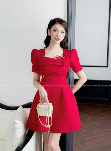 Red Short Sleeve Aline Mini Dress With Bow_JO32.19_JOLI Brand_ชุดสตรีสีแดงมีโบว์