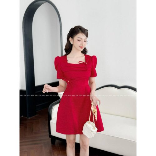 Red Short Sleeve Aline Mini Dress With Bow_JO32.19_JOLI Brand_ชุดสตรีสีแดงมีโบว์