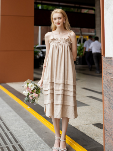 CRESCENT Linen Oversize Sundress_SI19.8_91 Signature Brand_ชุดเดรสเกาะอกผ้าลินินโอเวอร์ไซส์พร้อมชุดคลุมท้องสุดหรู – CRESCENT DRESS