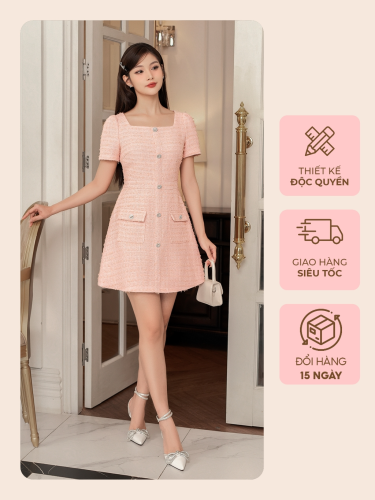 Pink Tweed A Line Dress_VB01 _ Bae & Chic Brand Brand_เดรสสีชมพูสำหรับสุภาพสตรี ผ้าทวีดคุณภาพสูง A-line คอเหลี่ยม สไตล์ผู้หญิงที่หรูหรา