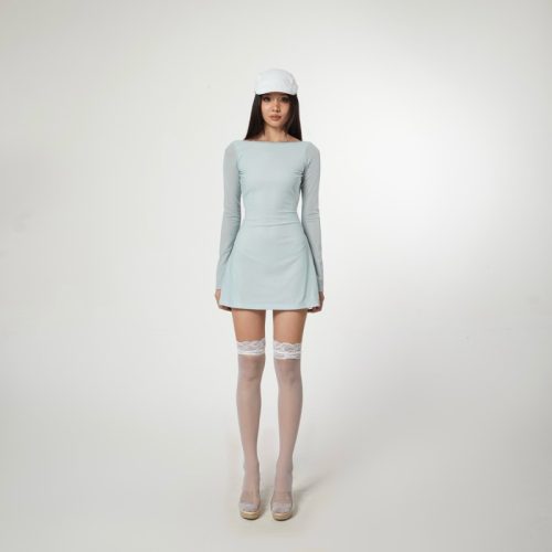 Flared Sleeve Mesh Dress_TH193.12_Thestan Brand_เดรสผ้าตาข่ายแขนบานและมีเชือกผูกด้านหลัง Leda Dress