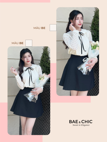 Bow Lace Long Sleeve PeterPan Top_AB07_Bae & Chic Brand_เสื้อแขนยาวผู้หญิงคอบัวลูกไม้คุณภาพสูงพร้อมโบว์ สไตล์หรูหราสำหรับสำนักงาน ปาร์ตี้ คาเฟ่