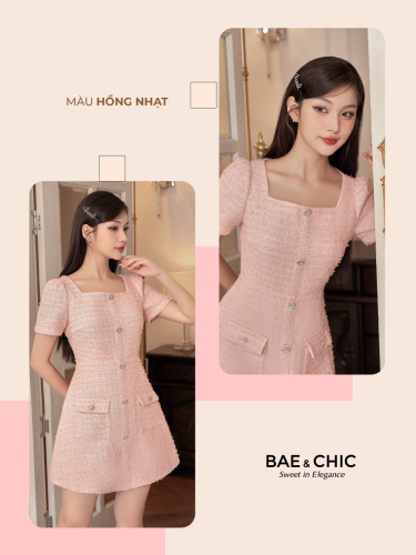 Pink Tweed A Line Dress_VB01 _ Bae & Chic Brand Brand_เดรสสีชมพูสำหรับสุภาพสตรี ผ้าทวีดคุณภาพสูง A-line คอเหลี่ยม สไตล์ผู้หญิงที่หรูหรา