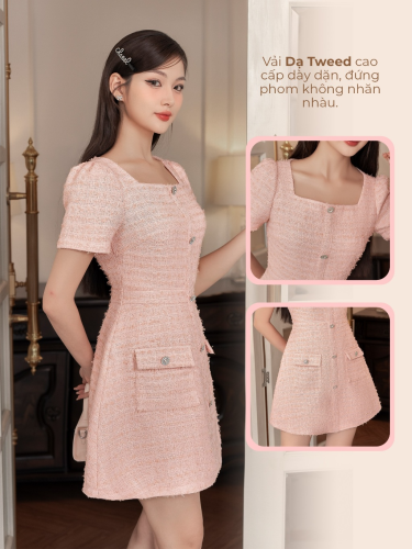 Pink Tweed A Line Dress_VB01 _ Bae & Chic Brand Brand_เดรสสีชมพูสำหรับสุภาพสตรี ผ้าทวีดคุณภาพสูง A-line คอเหลี่ยม สไตล์ผู้หญิงที่หรูหรา