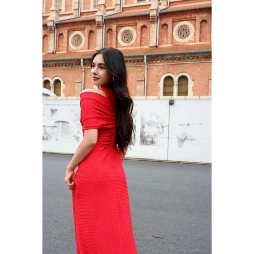 Off The Shoulder Midi Dress_D444_TinFour Clothing Brand_ชุดเดรสยาวปิดไหล่ Twisted รักแร้