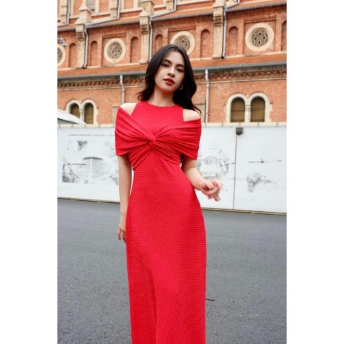 Off The Shoulder Midi Dress_D444_TinFour Clothing Brand_ชุดเดรสยาวปิดไหล่ Twisted รักแร้