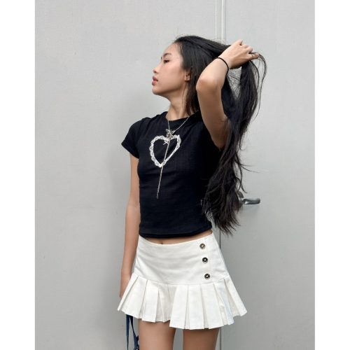 Lace Heart Short Sleeve T Shirt _PR44.4_Pradies Brand_เสื้อยืดผ้าวูลแขนสั้นแต่งลูกไม้และโบว์ Lace Heart