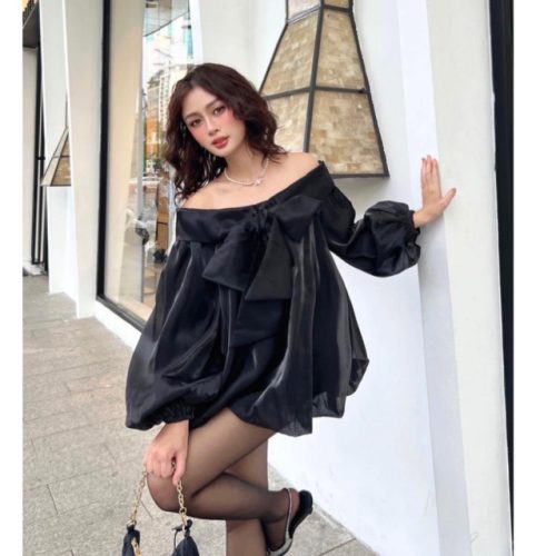 Top_Tie Bow Off The Shoulder Top_A151_TinFour Clothing Brand_เสื้อเบลาส์เปิดไหล่เลดี้พร้อมโบว์ไท