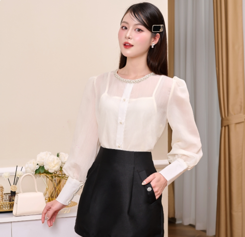 Beaded Long Sleeve Silk Shirt_AB48_Bae & Chic Brand_ผ้าไหมนุ่มเสื้อElegant Rhinestone COLLARเสื้อแขนยาวผู้หญิงสำหรับทำงาน,สำนักงาน,คาเฟ่,Streetwear