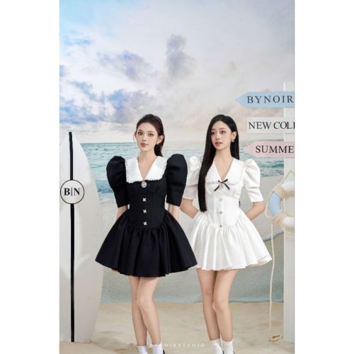 Jasmin Corset White V Neck Puff Sleeve House Dress_BY57.7_Bynoir Studio Brand_Jasmin Corset Dress แขนกุดคอวีสีขาว