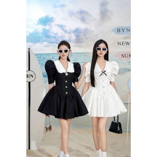 Jasmin Corset White V Neck Puff Sleeve House Dress_BY57.7_Bynoir Studio Brand_Jasmin Corset Dress แขนกุดคอวีสีขาว