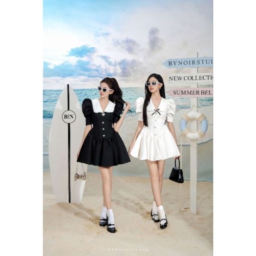 Jasmin Corset White V Neck Puff Sleeve House Dress_BY57.7_Bynoir Studio Brand_Jasmin Corset Dress แขนกุดคอวีสีขาว