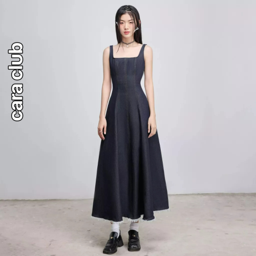 Square neck Flared Sundress jean long_CA.46.2_CARA CLUB Brand_CARA Claire ชุดเดรสยีนส์ยาว 2 สาย คอเหลี่ยม เอวไม่ซ้ำใคร