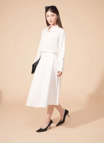 Venny White Midi Skirt_MI100.9_Miki Classic Brand_ชุดเดรสยาวเอว Venny Ben สีขาว