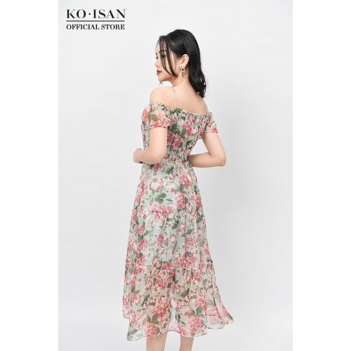 Floral Pattern Chiffon Puff Sleeve Off The Shoulder Midi Dress_21056503_KOISAN Brand_ชุดเดรสชายหาดทูพีชลายดอกไม้เล็กๆ แขนพอง ทำจากผ้าชีฟองลายดอกไม้เล็กๆ