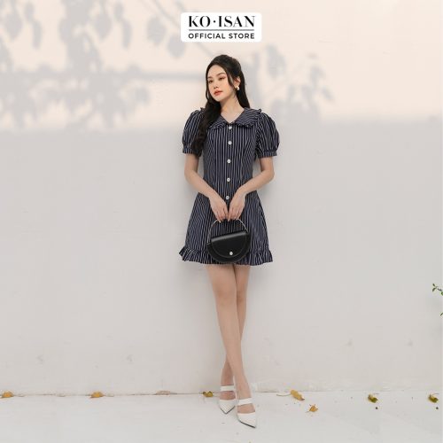 Puff Sleeve Plaid Flared House Dress_21056683_KOISAN Brand_ชุดเดรสผู้หญิงสวยหรู แต่งแถบแนวตั้ง ดีไซน์คล้ายผู้หญิง แขนบาน