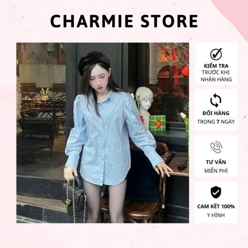 Beaded Puff Sleeve Shirt_CH67.1_Charmie Brand_เสื้อเชิ้ตเนื้อหยาบ ประดับพลอยเทียม แขนนุ่มไร้รอยยับ