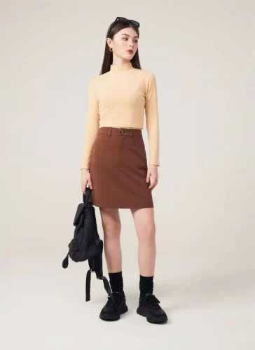 Evan Brown Mini Skirt_MI100.13_Miki Classic Brand_ชุดเดรสติดกระดุมของ Evan Brown