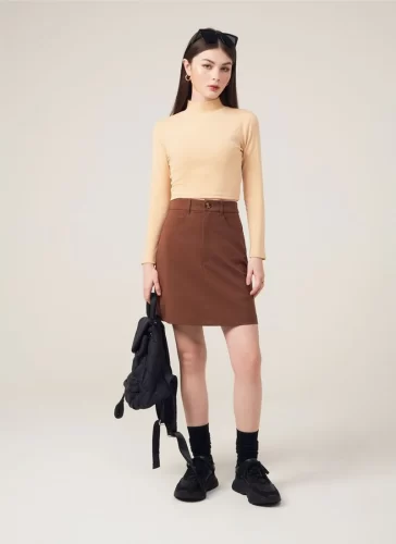 Evan Brown Mini Skirt_MI100.13_Miki Classic Brand_ชุดเดรสติดกระดุมของ Evan Brown