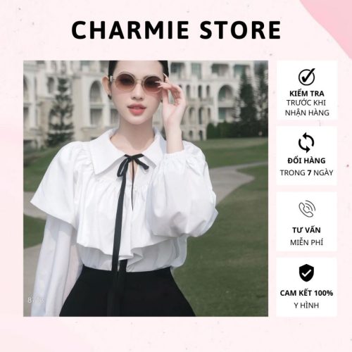 Set_Silk Shirt With Bow+Puff Shorts_CH67.6_Charmie Brand_ เซตเสื้อไหมผีเสื้อดิบ ผูกโบว์สีดำ ปลายแขนสีดำ