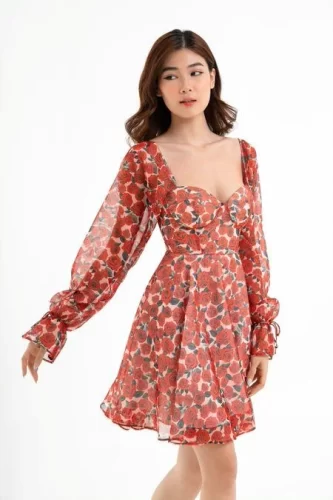 Floral Pattern Flared Mini Dress_LO76.13_LOLA Brand_ชุดเดรสผ้าฝ้ายลายดอกกุหลาบ