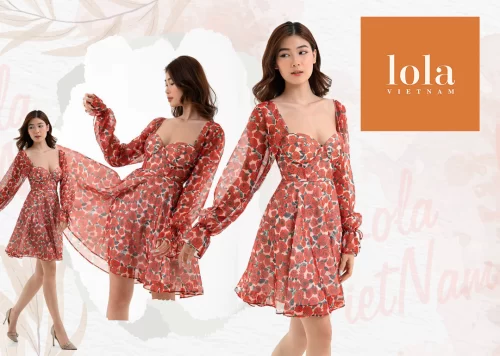 Floral Pattern Flared Mini Dress_LO76.13_LOLA Brand_ชุดเดรสผ้าฝ้ายลายดอกกุหลาบ