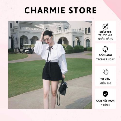 Set_Silk Shirt With Bow+Puff Shorts_CH67.6_Charmie Brand_ เซตเสื้อไหมผีเสื้อดิบ ผูกโบว์สีดำ ปลายแขนสีดำ