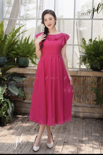 Arin Boat Neck Pink Flared Midi Dress_JO74.3_Jolly Brand