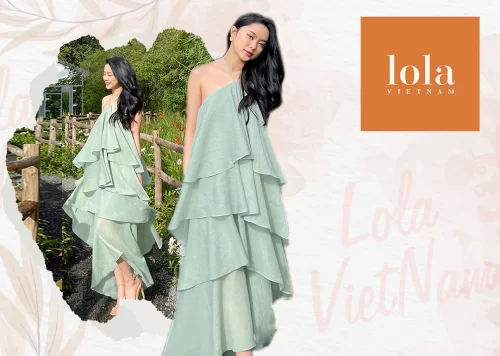 Halter Neck Ruffle Babydoll Straight Maxi Dress_LO76.4_LOLA Brand_แม็กซี่เดรสตัวยาวดีไซน์ชายหาดเปลือย – เดรสเบบี้ดอล มาพร้อมสายบาน 4 ชั้น