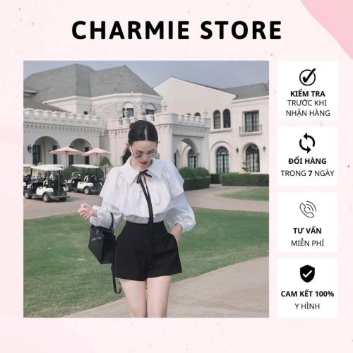 Set_Silk Shirt With Bow+Puff Shorts_CH67.6_Charmie Brand_ เซตเสื้อไหมผีเสื้อดิบ ผูกโบว์สีดำ ปลายแขนสีดำ