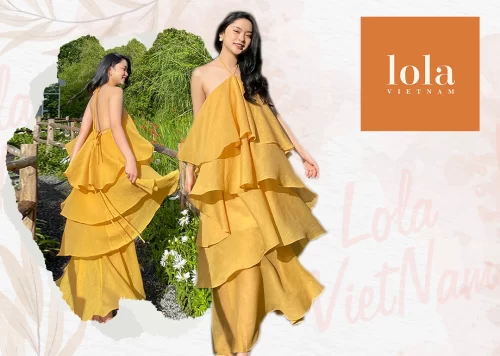 Halter Neck Ruffle Babydoll Straight Maxi Dress_LO76.4_LOLA Brand_แม็กซี่เดรสตัวยาวดีไซน์ชายหาดเปลือย – เดรสเบบี้ดอล มาพร้อมสายบาน 4 ชั้น