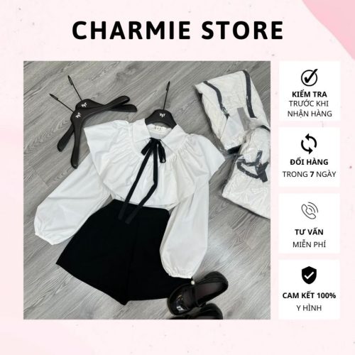 Set_Silk Shirt With Bow+Puff Shorts_CH67.6_Charmie Brand_ เซตเสื้อไหมผีเสื้อดิบ ผูกโบว์สีดำ ปลายแขนสีดำ