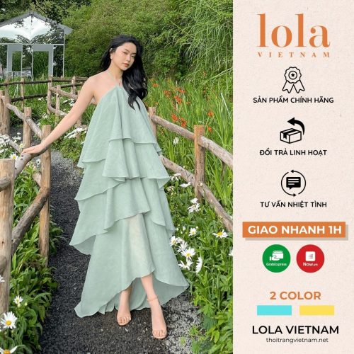 Halter Neck Ruffle Babydoll Straight Maxi Dress_LO76.4_LOLA Brand_แม็กซี่เดรสตัวยาวดีไซน์ชายหาดเปลือย – เดรสเบบี้ดอล มาพร้อมสายบาน 4 ชั้น