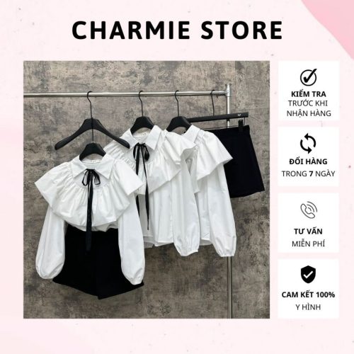 Set_Silk Shirt With Bow+Puff Shorts_CH67.6_Charmie Brand_ เซตเสื้อไหมผีเสื้อดิบ ผูกโบว์สีดำ ปลายแขนสีดำ