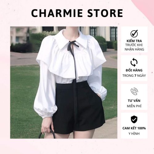 Set_Silk Shirt With Bow+Puff Shorts_CH67.6_Charmie Brand_ เซตเสื้อไหมผีเสื้อดิบ ผูกโบว์สีดำ ปลายแขนสีดำ