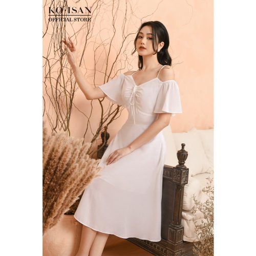 Off The Shoulder Flared Midi A Line Dress_21056603_KOISAN Brand_ชุดเดรสเปิดไหล่สองชิ้นที่ดูเป็นผู้หญิงและหรูหราพร้อมดีเทลโบว์บาน